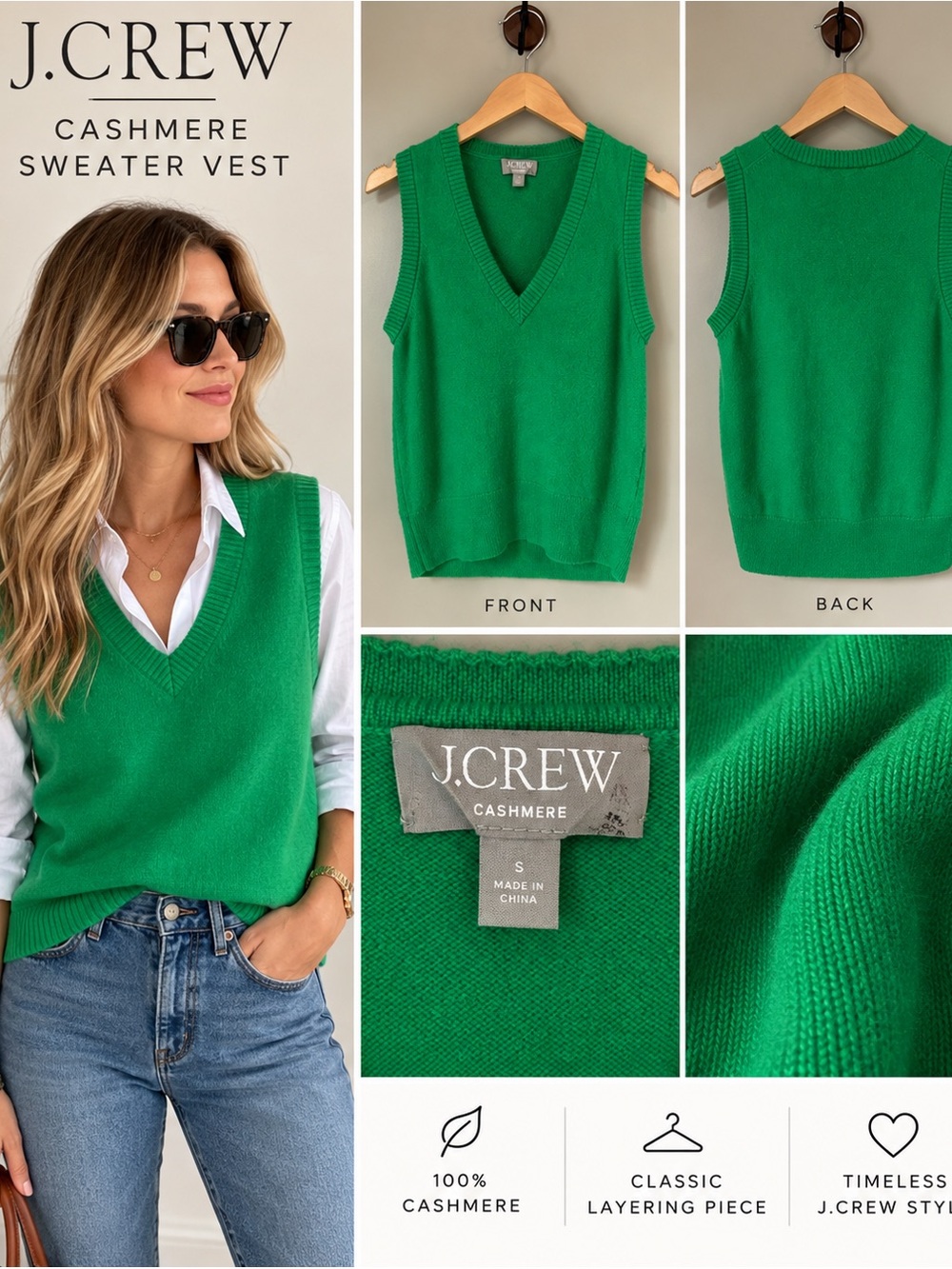 J.Crew 100% Cashmere V-Neck Sweater Vest Green Size Small